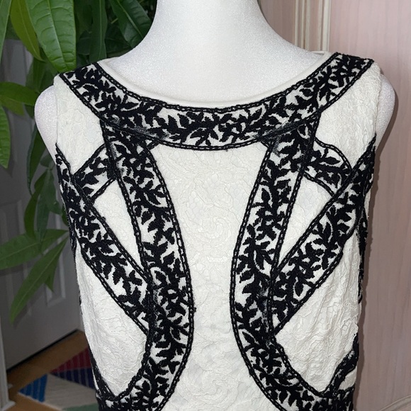 Tadashi Shoji Banded Contrast Color Block Black Ivory Lace Cocktail Dress - Picture 5 of 13